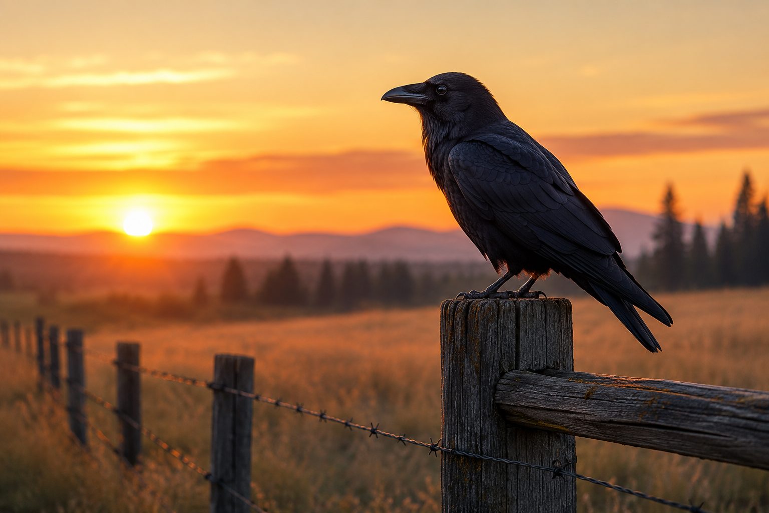 A raven perched on a weathered fence post at sunrise